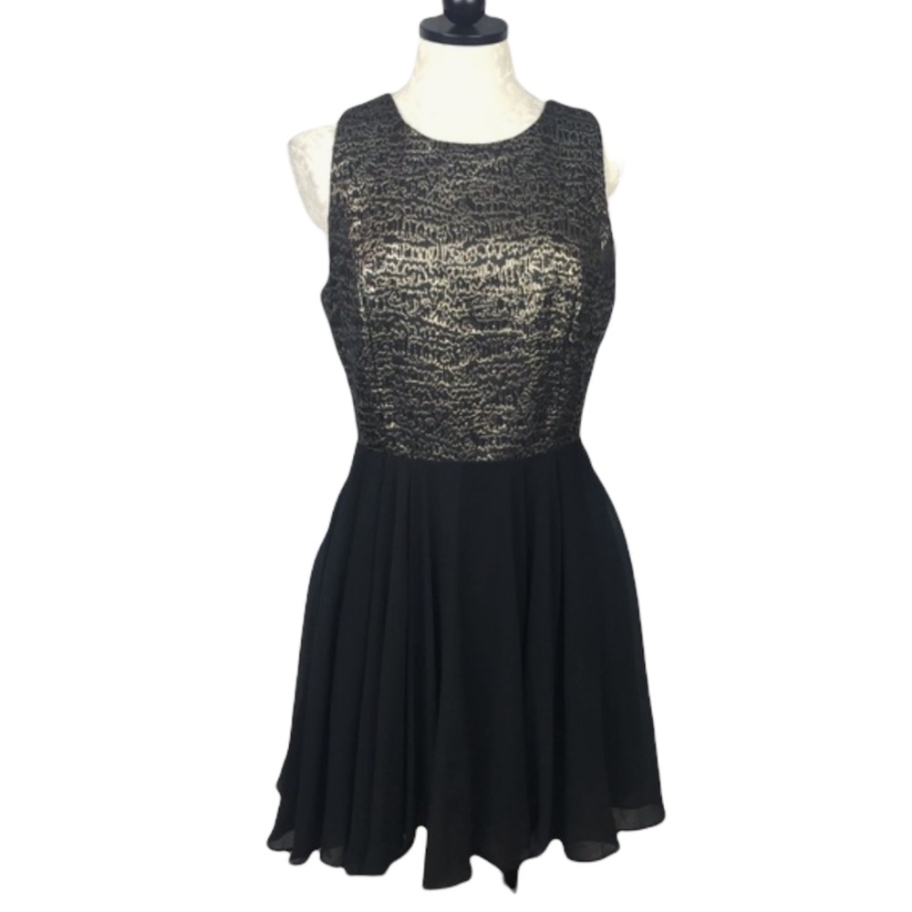 Mustard Seed Gold Metallic Black Fit Flare Dress Women Sz L Nwt